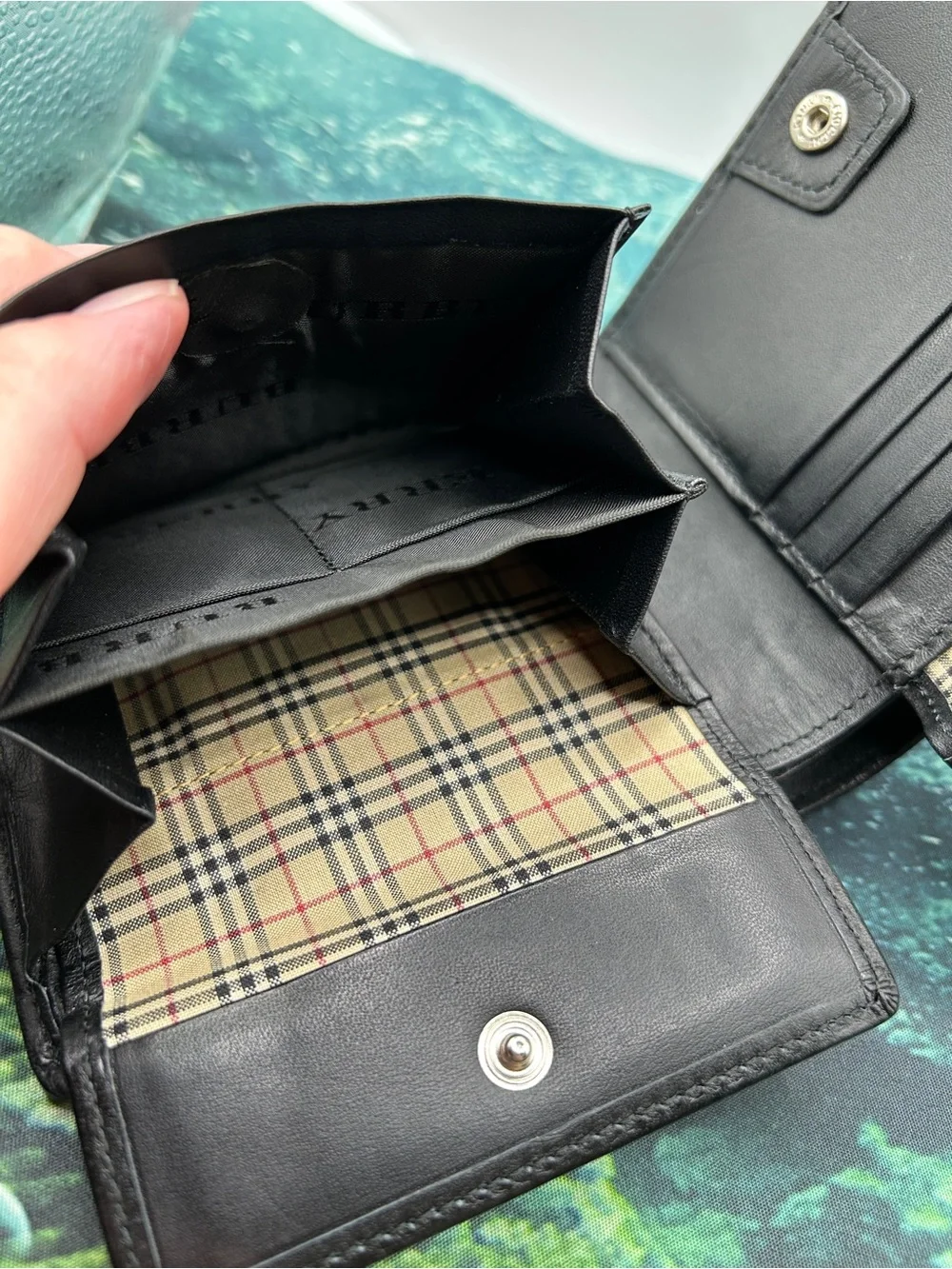 Burberry Black Textured Wallet Leather Interior, Coin Pouch VGC BB Check Lining